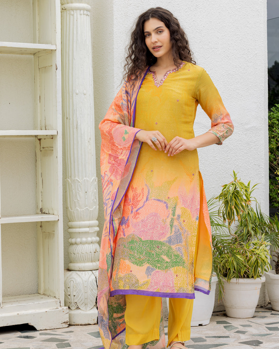 Trishul Trends Mustard Silk Printed Suit Set