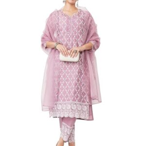 amazon brand myx women's blend geometric regular embroidered cotton kurta pant set with organza dupatta
