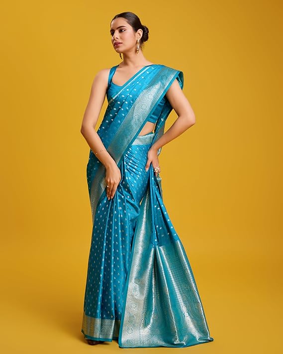 trishul trends women's blushing banarasi silk saree zari woven work enhanced elegance comes with unstitched blouse piece
